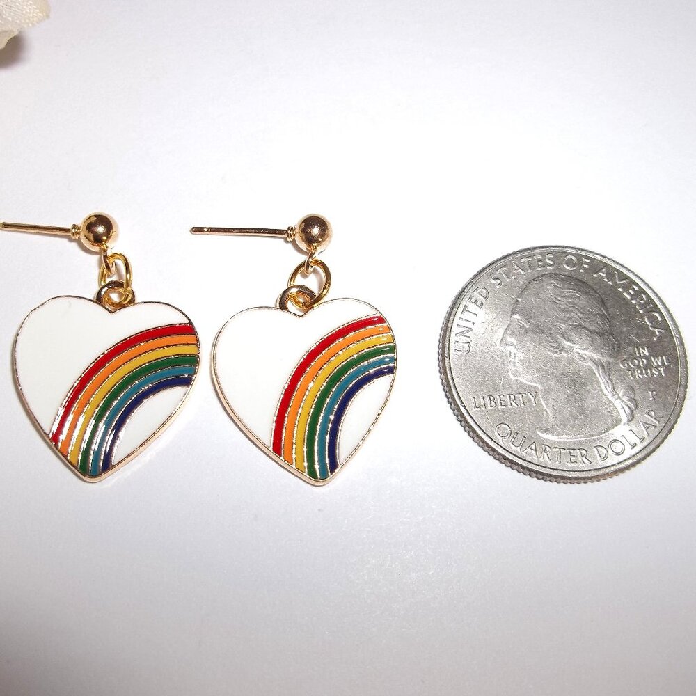 Rainbow Earring White Heart Gold Post Costume Jewelry Set Pair Dangle Pride C884 - Picture 2 of 6